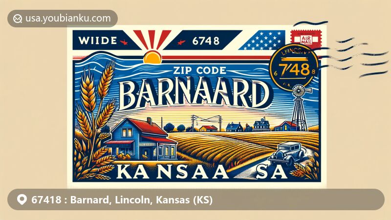 Modern illustration of Barnard, Lincoln County, Kansas, showcasing postal theme with ZIP code 67418, featuring Kansas' state flag, local landmarks, and small-town charm.
