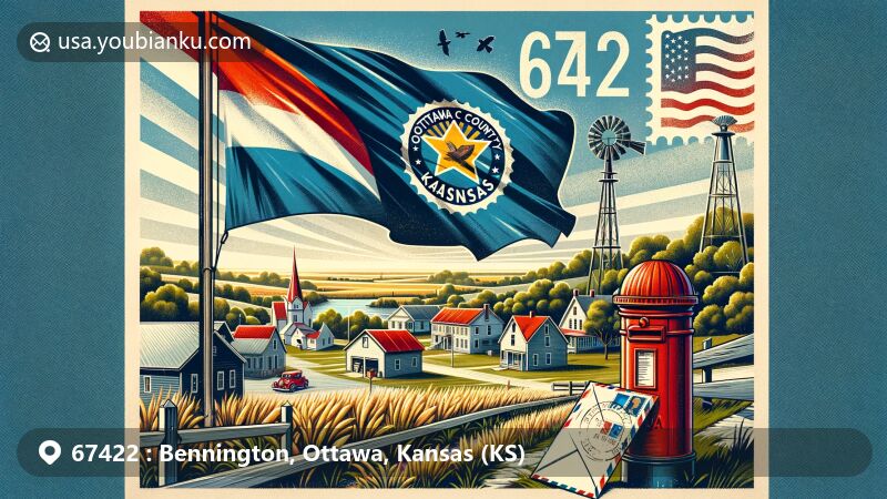 Modern illustration of Bennington, Ottawa County, Kansas, highlighting postal theme with ZIP code 67422, featuring Kansas state flag, traditional red postal mailbox, and cozy American family homes.
