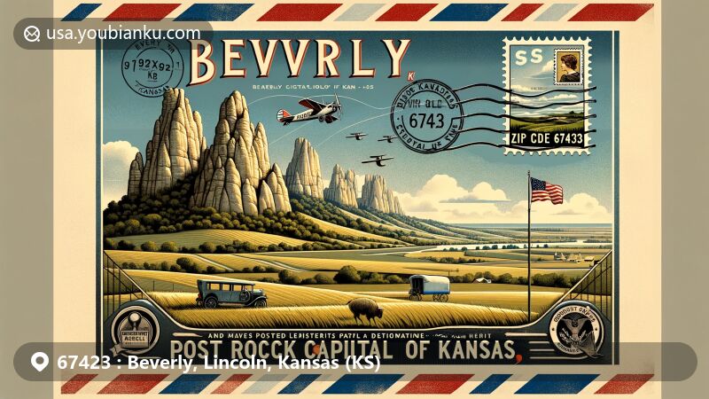 Modern illustration of Beverly, Kansas, showcasing postal theme with ZIP code 67423, highlighting 'Post Rock Capital of Kansas' motif and historical elements, including limestone formations and rural charm.