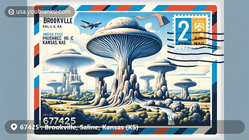 Modern illustration of Brookville, Saline County, Kansas, showcasing postal theme with ZIP code 67425, featuring Mushroom Rock State Park and Kansas state flag.