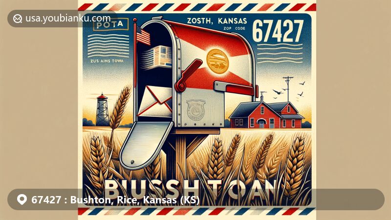 Modern illustration of Bushton, Kansas, showcasing postal theme with rural red mailbox, wheat stalks, and Kansas state flag, highlighting ZIP code 67427.