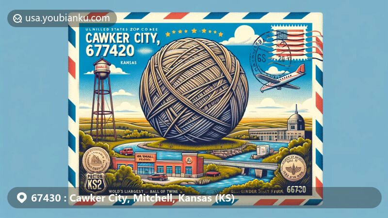 Modern illustration of Cawker City, Mitchell County, Kansas, showcasing the World's Largest Ball of Twine as the centerpiece, surrounded by Waconda Lake and Glen Elder State Park, emphasizing natural beauty and outdoor recreation. Postal elements include a vintage air mail envelope, Kansas state flag stamp, and 'Cawker City, 67430' postmark.