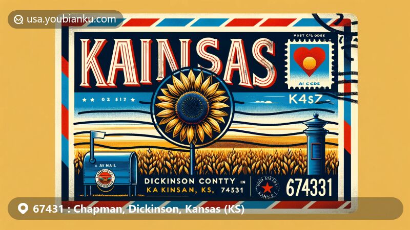Modern illustration of Chapman, Dickinson County, Kansas, featuring Kansas state flag elements, wheat fields, and rural charm, with a postcard design mimicking an air mail envelope.