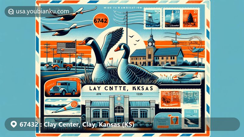 Modern illustration of Clay Center, Kansas, showcasing postal theme with ZIP code 67432, featuring iconic geese sculpture “The Spirit of the Wild Things” and Clay County Museum.