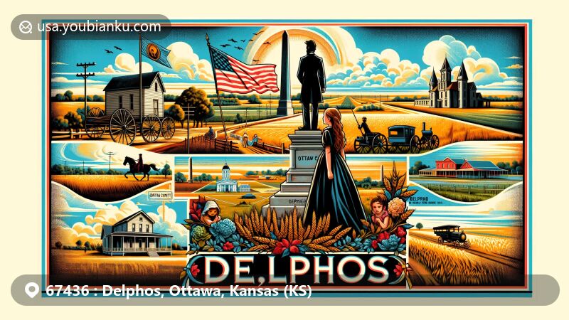 Modern illustration of Delphos, Ottawa, Kansas (KS) with ZIP code 67436, integrating rural landscape, Pike's Route history, Abraham Lincoln connection through Grace Bedell, vintage postal elements, and small-town vibe.