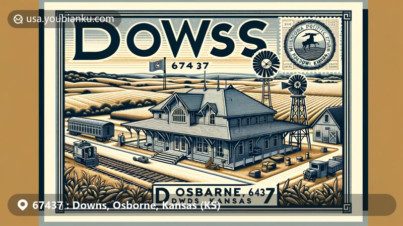 Vintage-style illustration of Downs, Osborne County, Kansas, showcasing the Missouri Pacific Railroad Depot, agricultural elements, and postal motifs, representing the historical significance and rural charm of the area.