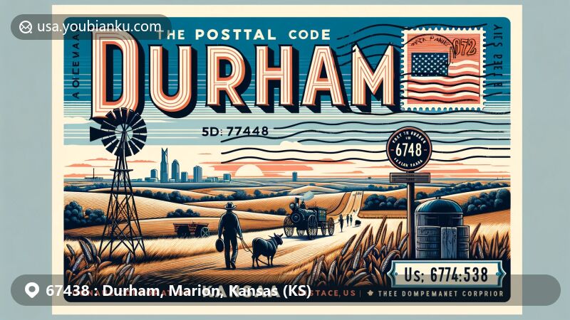 Modern illustration of Durham, Kansas, USA, featuring postal theme with ZIP code 67438, showcasing Flint Hills, Great Plains, and historical Santa Fe Trail markers.