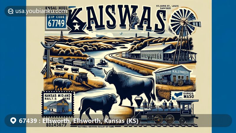 Creative illustration of Ellsworth, Kansas, blending historical cattletown elements with modern identity, featuring Smoky Hill River, cattle drive, National Drovers Hall of Fame, 19th-century railroad, and Kansas state flag.