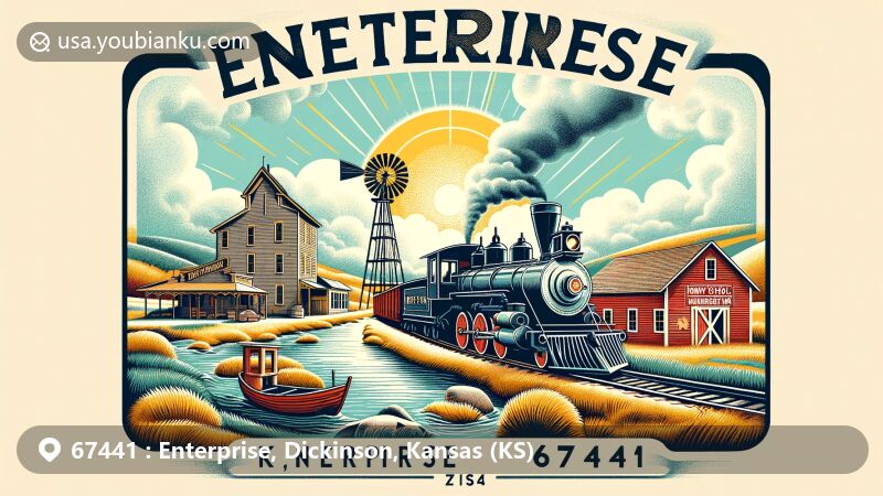 Modern illustration of Enterprise, Kansas, showcasing small-town charm and historical significance, featuring Abilene & Smoky Valley Railroad with 1919 Baldwin steam engine, Hoffman Grist Mill with working waterwheel, elements of humid subtropical climate, serene Smoky Hill River valley backdrop, modern and historical city elements like first public school kindergarten in Kansas and nod to Carry Nation's visit, reflecting friendly atmosphere and low crime rate.
