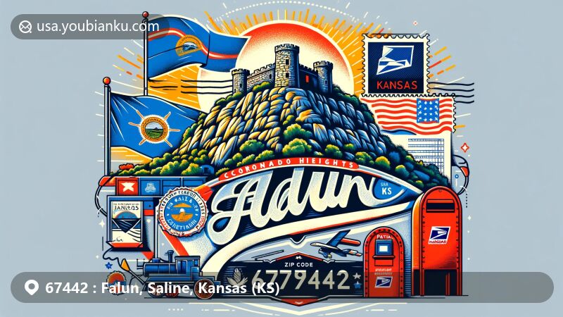 Modern illustration of Falun area, Saline County, Kansas, highlighting Coronado Heights Park's stone castle-like shelter on a hill, Kansas state flag, vintage postal envelope with '67442 Falun, KS,' stamp, postal mark, and red mailbox.