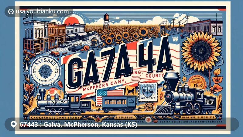 Modern illustration of Galva, McPherson County, Kansas, showcasing postal theme with ZIP code 67443, featuring Santa Fe Trail, railway heritage, sunflowers, and General James McPherson.