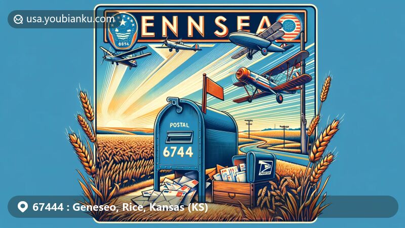 Modern illustration of Geneseo, Rice County, Kansas, featuring postal theme with ZIP code 67444. Scene includes wheat fields, vintage mailbox with '67444' letters, postal airplane, and Kansas state flag, symbolizing rural charm and connection through mail.