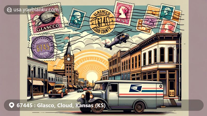 Modern illustration of Glasco, Kansas, showcasing historic Downtown and community spirit with ZIP code 67445, featuring vintage postal truck, old-fashioned postage stamps, iconic landmarks, and symbols of Glasco and Cloud County.