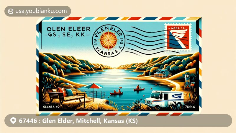 Vibrant illustration of Waconda Lake and Glen Elder State Park in Glen Elder, Kansas, featuring airmail envelope with Kansas state flag stamp, postal postmark '67446 Glen Elder, KS,' and mail truck icon.