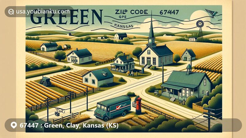 Modern illustration of Green, Kansas, portraying the tranquil town in Clay County with ZIP code 67447, featuring town center, agricultural fields, and Kansas' farming heritage.