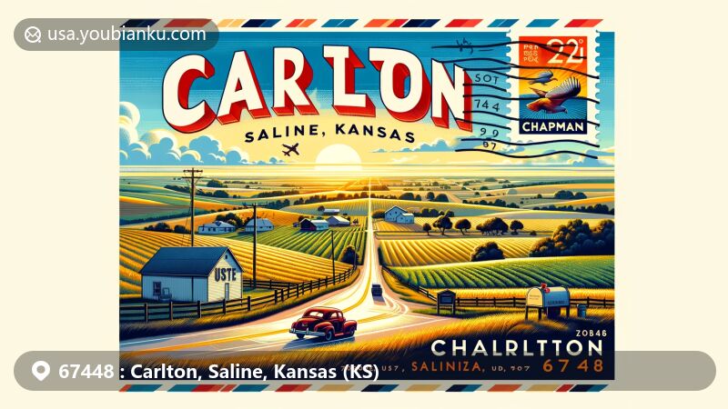 Modern illustration of the Carlton area in Saline County, Kansas, with ZIP code 67448, showcasing small community vibe, Kansas symbols, and Chapman Fighting Irish mascot from Chapman USD 473.