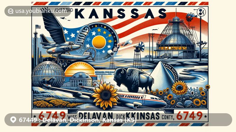 Modern illustration of Delavan, Dickinson County, Kansas, blending regional and postal elements, featuring Cosmosphere space museum, Strataca salt mine, Kansas state symbols, and vintage postal motifs with ZIP code 67449.