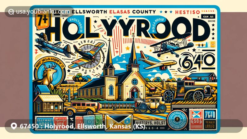 Modern illustration of Holyrood, Ellsworth County, Kansas, celebrating the postal code 67450, featuring historical elements, Old West heritage, community and religious symbols, and cowboy culture.