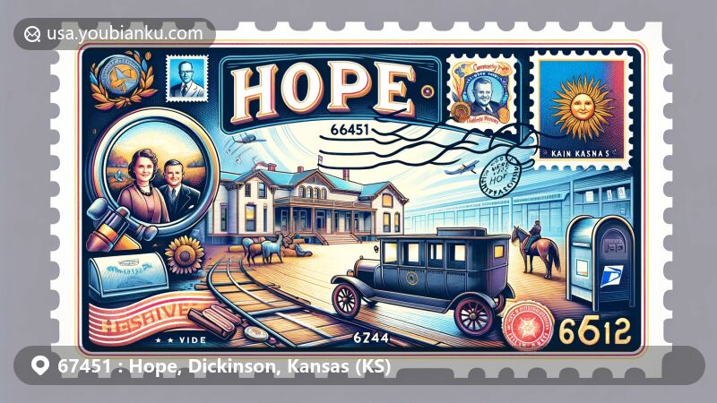 Modern illustration of Hope, Kansas, featuring postcard design with ZIP code 67451, highlighting Hope Community Museum and President Eisenhower's family memorabilia.