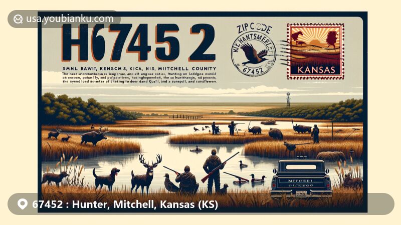 Modern illustration of Hunter, Kansas, in Mitchell County, highlighting rural charm and hunting culture, featuring a serene landscape with native grasses and a pond reflecting Huntsman Lodge, popular for deer, pheasant, quail, and turkey hunting. Includes symbols of sparse population, wildlife, and hunters blending with Kansas prairie, vintage postcard layout with ZIP code 67452 and illustrated stamp of Kansas state symbols.
