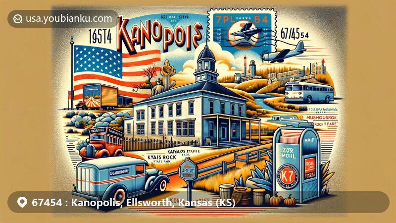 Illustration of Kanopolis, Kansas, with ZIP code 67454, featuring vintage postcard design with Fort Harker Guardhouse, Kanopolis State Park, Mushroom Rock State Park, and Faris Caves.