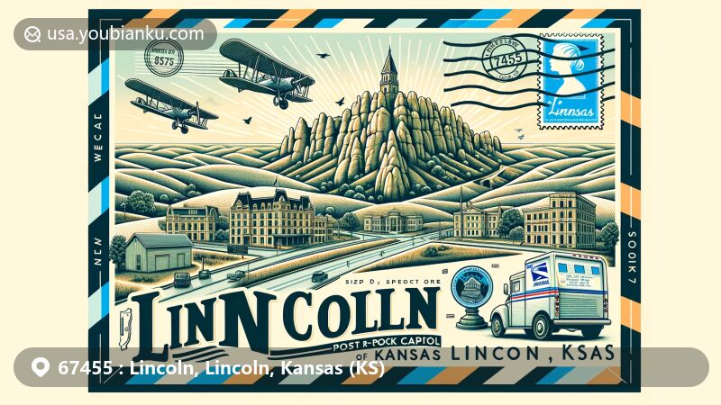 Modern illustration of Lincoln, Kansas, featuring post rock buildings and rolling hills, showcasing postal theme with airmail envelope, stamps, and postmark '67455 Lincoln, KS', along with mailbox and postal van, integrating elements from Lincoln County Historical Museum.