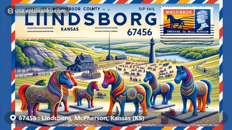 Modern illustration of Lindsborg, McPherson County, Kansas, featuring iconic Coronado Heights with scenic overlook and picnic area, colorful Wild Dala Horse sculptures representing vibrant Swedish heritage, and Mcpherson County Old Mill Museum, all within a postal theme showcasing ZIP code 67456.