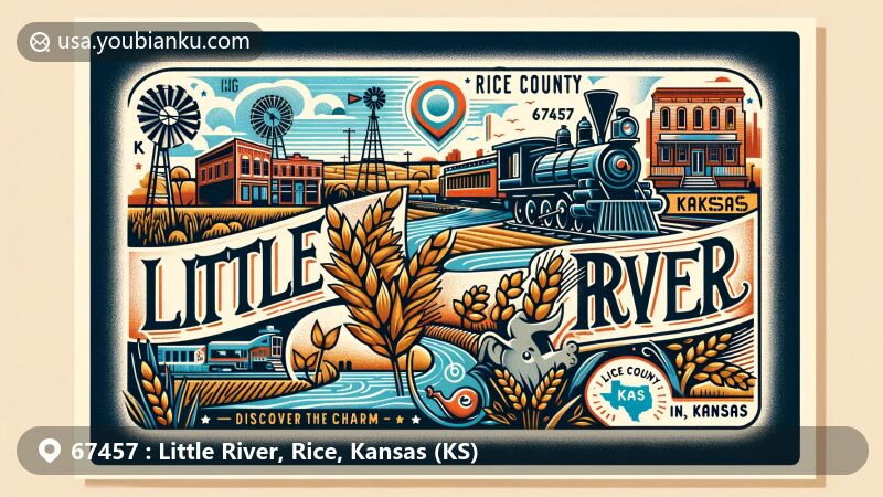 Colorful illustration showcasing the charm of Little River, Rice County, Kansas, with zip code 67457, featuring a modern postcard design with iconic town symbols like a train for its railroad heritage and agricultural elements. Includes a creative wheat border representing Kansas's agriculture and a whimsical elephant nodding to unique history. Highlights 'Little River, KS 67457' and 'Discover the Charm' in stylized letters, with Kansas state flag and Rice County map in the background.