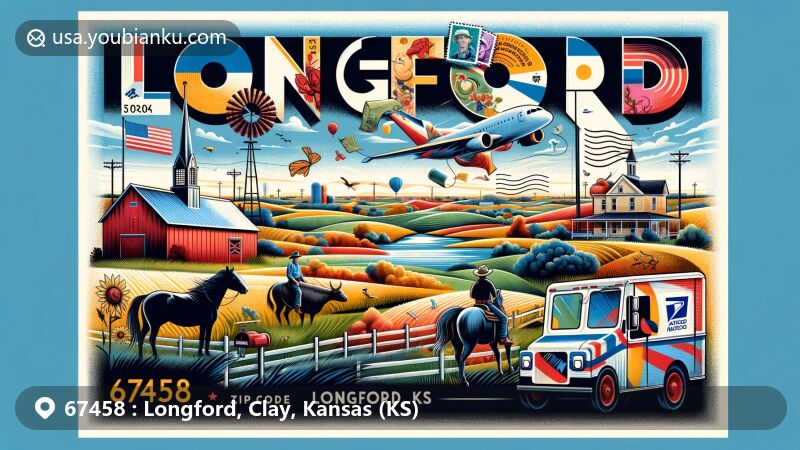 Modern illustration of Longford, Clay, Kansas, merging local cultural elements with postal themes, showcasing annual PRCA-sanctioned rodeo and mural movement in honor of rodeo clowns, against the backdrop of tranquil Kansas landscape and creatively designed postcard with postal motifs.