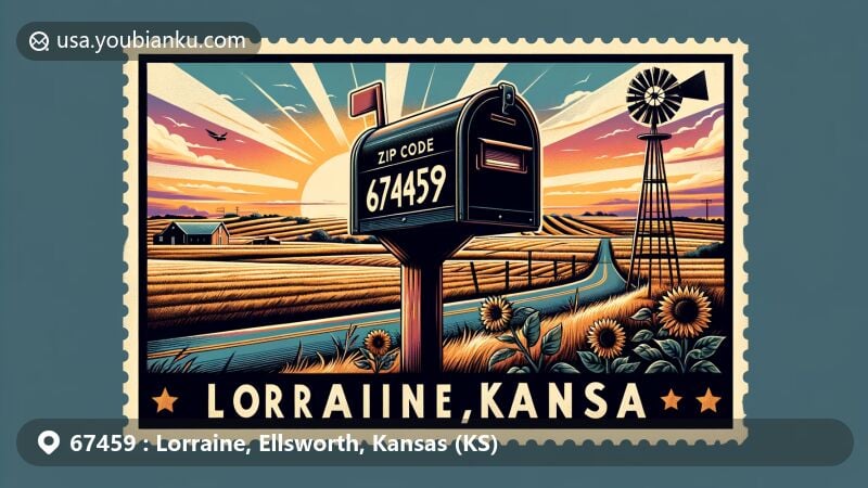 Modern illustration of Lorraine, Kansas area with ZIP code 67459, capturing small-town charm and agricultural heritage in vintage postcard style, featuring classic American mailbox and iconic Kansas symbols.