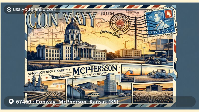 Modern illustration of Conway, McPherson, Kansas, showcasing vintage postcard and elements like McPherson County Courthouse, underground petroleum storage, and National Old Trails Road.