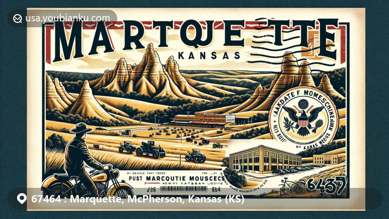 Modern illustration of Marquette, Kansas, featuring Smoky Hills region geology and Kansas Motorcycle Museum, embodying historical and cultural significance.