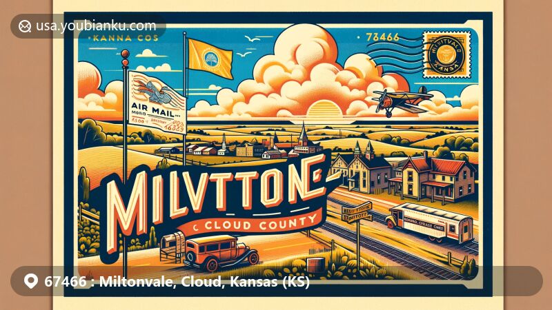 Modern illustration of Miltonvale and Cloud County, Kansas, with postcard design showcasing great plains landscape, vintage air mail border, Kansas state flag stamp, ZIP code 67466, and historical postal references.