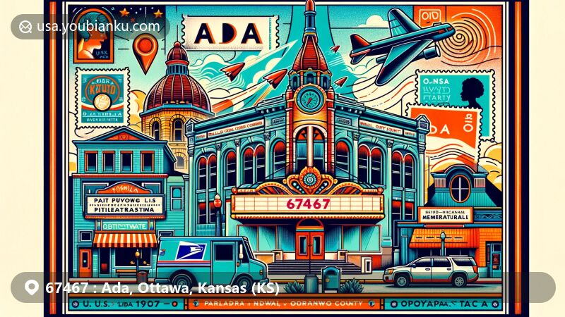 Modern illustration of Ada, Ottawa County, Kansas, featuring Plaza 1907 cinema, Franklin County Courthouse, and Ottawa Memorial Auditorium, with postal elements like airmail envelope, postage stamps, postmark with ZIP code 67467, mailbox, and postal van.