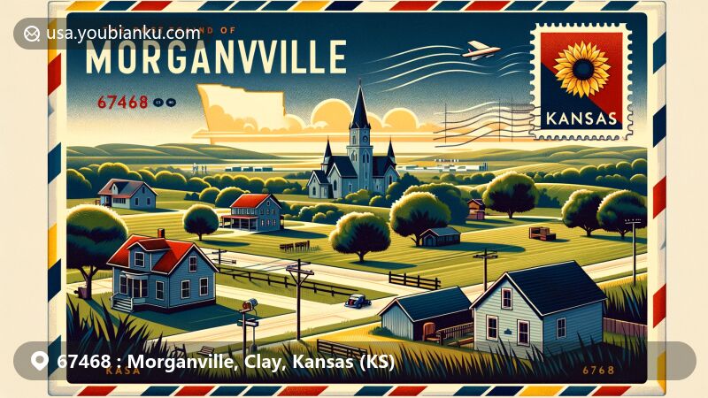 Modern illustration of Morganville, Clay County, Kansas, showcasing a tranquil community with picturesque scenery of trees, a park, and charming houses, featuring the Kansas outline, flag, and a vintage airmail envelope theme with postal marks, a sunflower stamp, and ZIP code 67468.