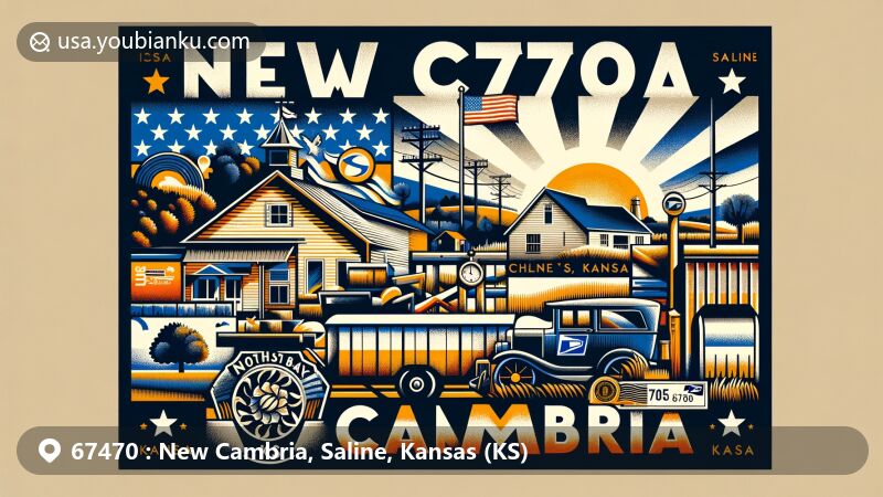 Modern illustration of New Cambria, Saline, Kansas, capturing postal theme with ZIP code 67470, featuring Kansas state flag and rural charm.