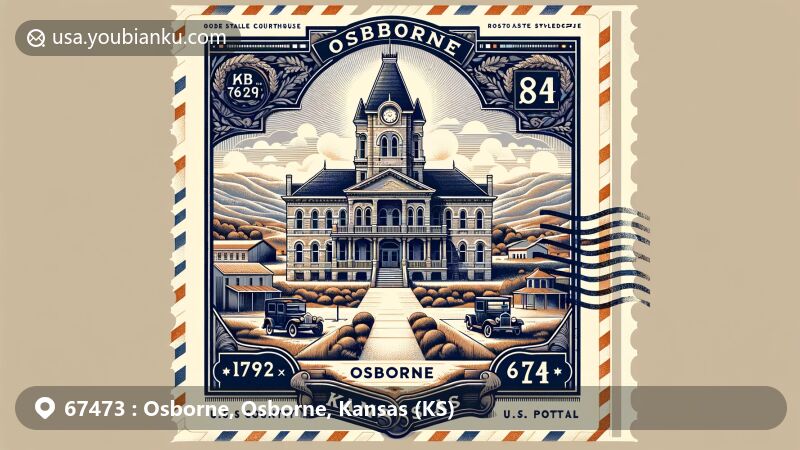 Modern illustration of Osborne, Kansas, featuring Osborne County Courthouse as a key landmark symbolizing the city's administrative role and historical significance, with a creative blend of geographical elements including the intersection of US Route 281 and 24, Smoky Hill River, and Solomon River, reflecting Osborne's natural scenery and postal theme with ZIP code 67473, presented in a retro postcard style with stamps, postmark, and an opened envelope, exuding a welcoming and historical charm.