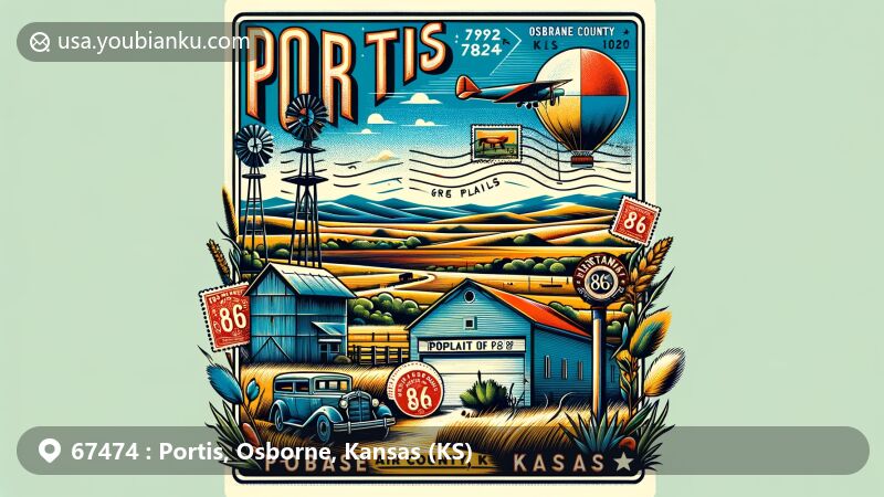 Modern illustration of Portis, Osborne County, Kansas, showcasing postal theme with ZIP code 67474, incorporating iconic elements of the small city and the Great Plains landscape.