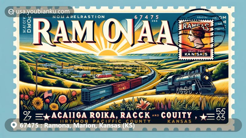 Modern illustration of Ramona, Marion County, Kansas, featuring Flint Hills and Great Plains, vintage railroad motif, and iconic Kansas landmarks like Amelia Earhart Birthplace Museum and Keeper of The Plains statue.