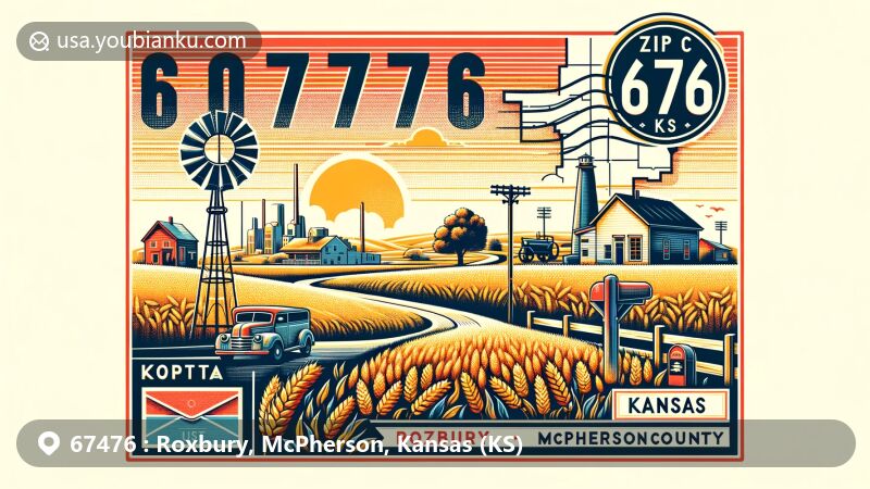 Modern illustration of McPherson, a vibrant city in Kansas, capturing its historic charm and Midwest hospitality, with iconic landmarks like McPherson Opera House and charming downtown streets.