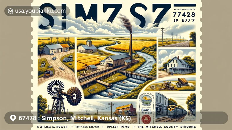 Modern illustration of Simpson, Kansas, ZIP Code 67478, featuring historical landmarks, postal themes, and community murals from Mitchell County Strong Program.