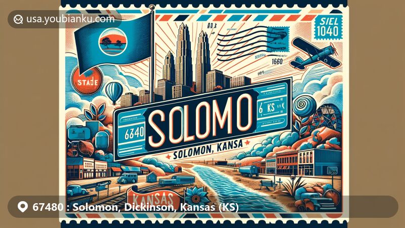 Modern illustration of Solomon, Dickinson County, Kansas, with ZIP code 67480, integrating geographic and postal elements, featuring flag of Kansas, outline of Dickinson County, vintage postcard layout, air mail envelope design, stamp-like corners, Solomon River, Solomon Corporation.