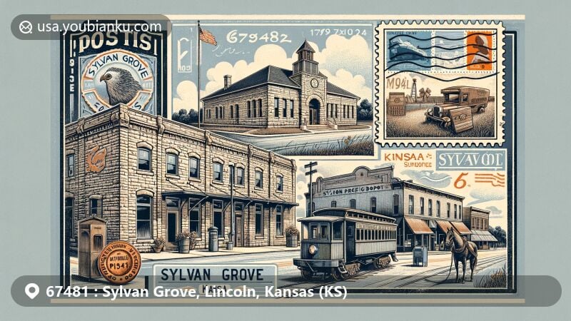 Modern illustration of Sylvan Grove, Lincoln County, Kansas, featuring iconic landmarks like Sylvan Grove Union Pacific Depot, Main Street with early 20th-century masonry buildings, and Sylvan Grove Fairgrounds, set in a charming postal theme with vintage elements and the ZIP code 67481.