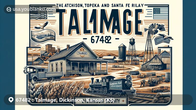 Modern illustration of Talmage, Kansas, featuring postal theme with ZIP code 67482, showcasing old post office, ATSF Railway, Kansas rural landscapes, state flag, grain elevator, and early settlers' scenes.