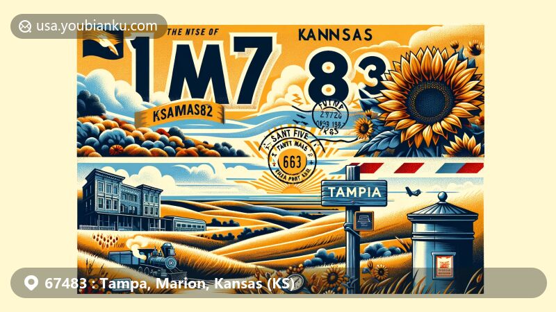 Modern illustration of Tampa, Marion County, Kansas, showcasing postal theme with ZIP code 67483, featuring Flint Hills landscape, Santa Fe Trail markers, and Kansas state symbols like the sunflower.