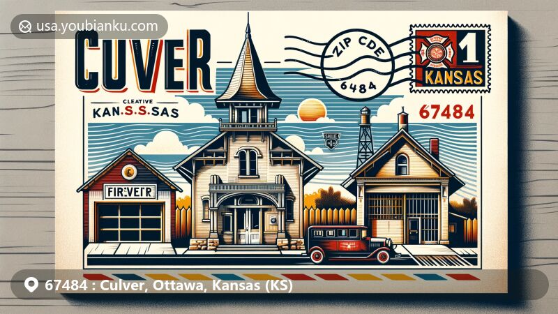Modern illustration of Culver, Kansas, showcasing postal theme with ZIP code 67484, featuring landmarks like a quaint firehouse with an old-fashioned steeple, a unique small jail with a sturdy metal door and a small barred window, and elements of Kansas state flag.