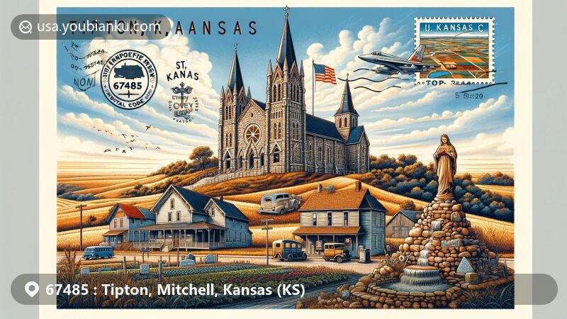 Modern illustration of Tipton, Kansas, with ZIP code 67485, showcasing Tipton Heritage Museum, St. Boniface Catholic Church, and Grotto of Lourdes, set against a backdrop of agricultural landscape in the Blue Hills of Mitchell County.