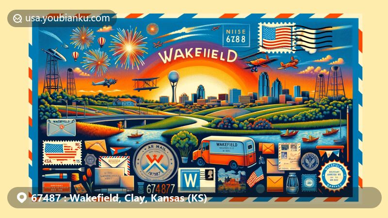 Modern illustration of Wakefield, Clay County, Kansas, spotlighting ZIP code 67487, featuring iconic 'W' on Birch St., vibrant fireworks, and landscape arboretum, with vintage air mail envelope, 'W' symbol stamp, 'Wakefield, KS 67487' postmark, mailbox, and delivery van.