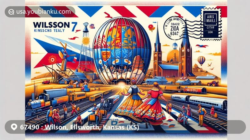 Modern illustration of Wilson, Kansas, showcasing Czech heritage and the town's status as the 'Czech Capital of Kansas'. Features vibrant depiction of the Wilson After Harvest Czech Festival with Czech dancers, the 20-foot Czech egg landmark, and the iconic Wilson railway. Surrounding images include the Kansas state flag, Ellsworth County outline, and Wilson city skyline, with ZIP code '67490' displayed in Czech-inspired pattern.