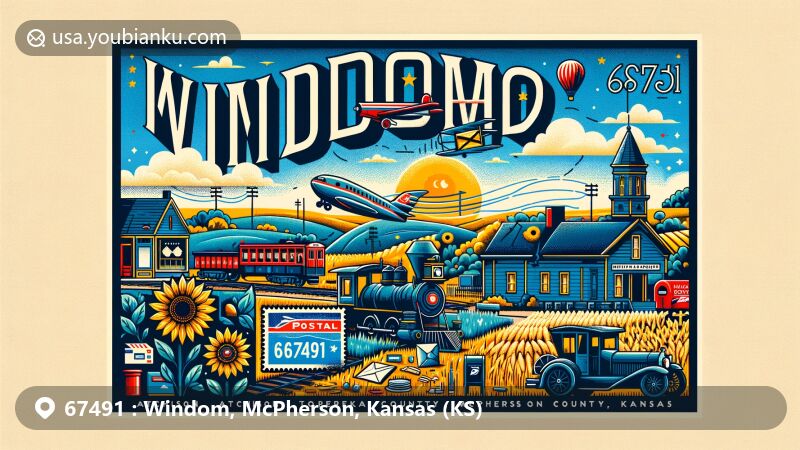 Artistic representation of Windom area in McPherson County, Kansas, with vintage postal elements, including ZIP code 67491, McPherson County outline, and symbols of Kansas.